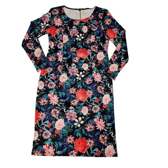 Project Runway Long Sleeve Dress Floral Midi Fitted BodyCon Black L - Picture 1 of 7